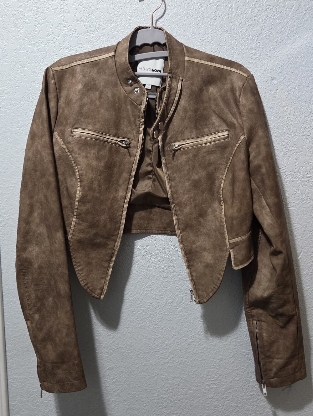 Fashion Nova Taupe Brown Cropped Moto Jacket - Picture 3 of 7